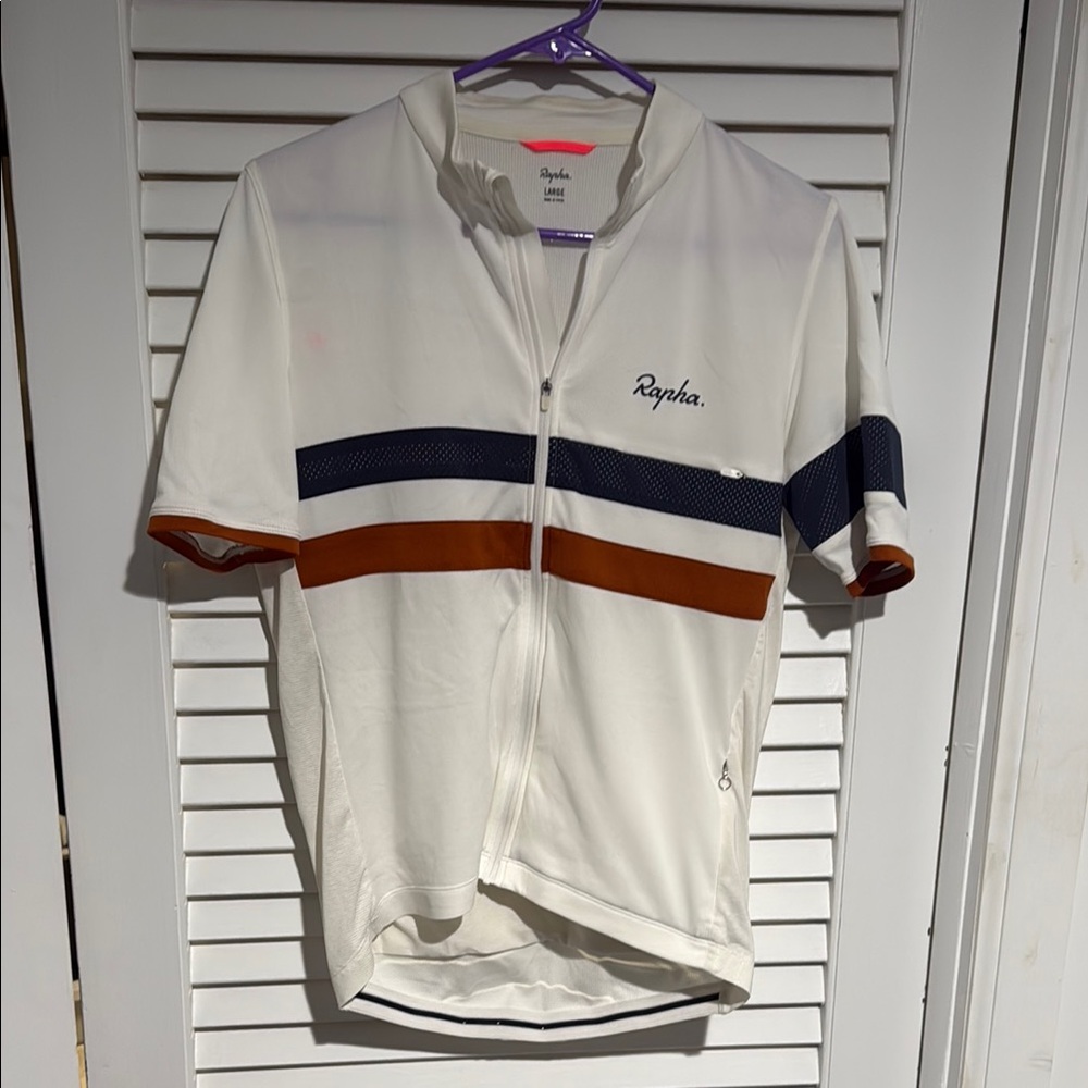 Rapha White Jersey with Navy and Brown Stripes